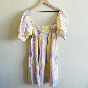 Urban outfitters pastel patchwork striped smocked puff sleeve dress